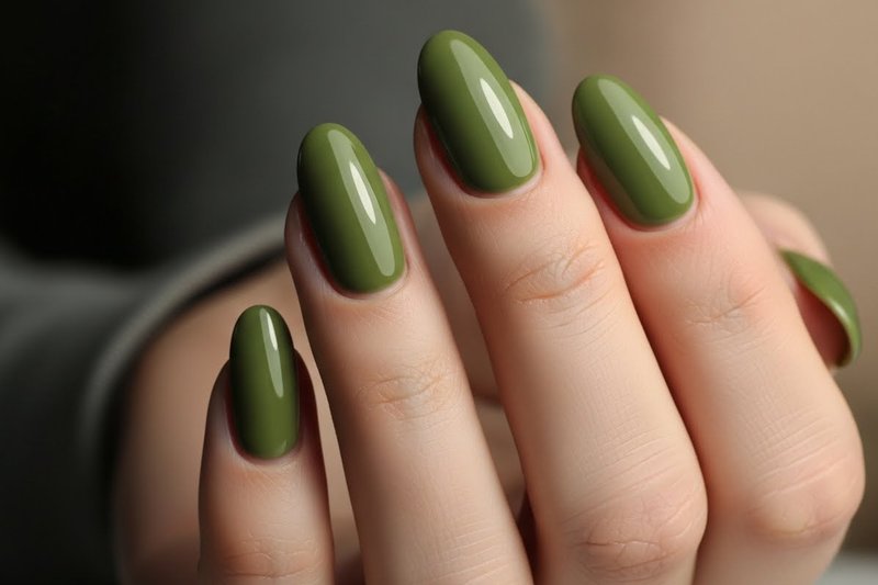 Imagem de uma mão feminina com unhas pintadas de verde oliva