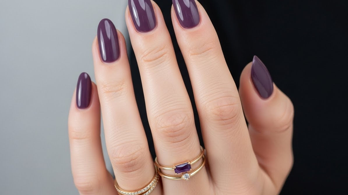 Imagem de uma mão feminina com unhas pintadas num tom de roxo fechado 