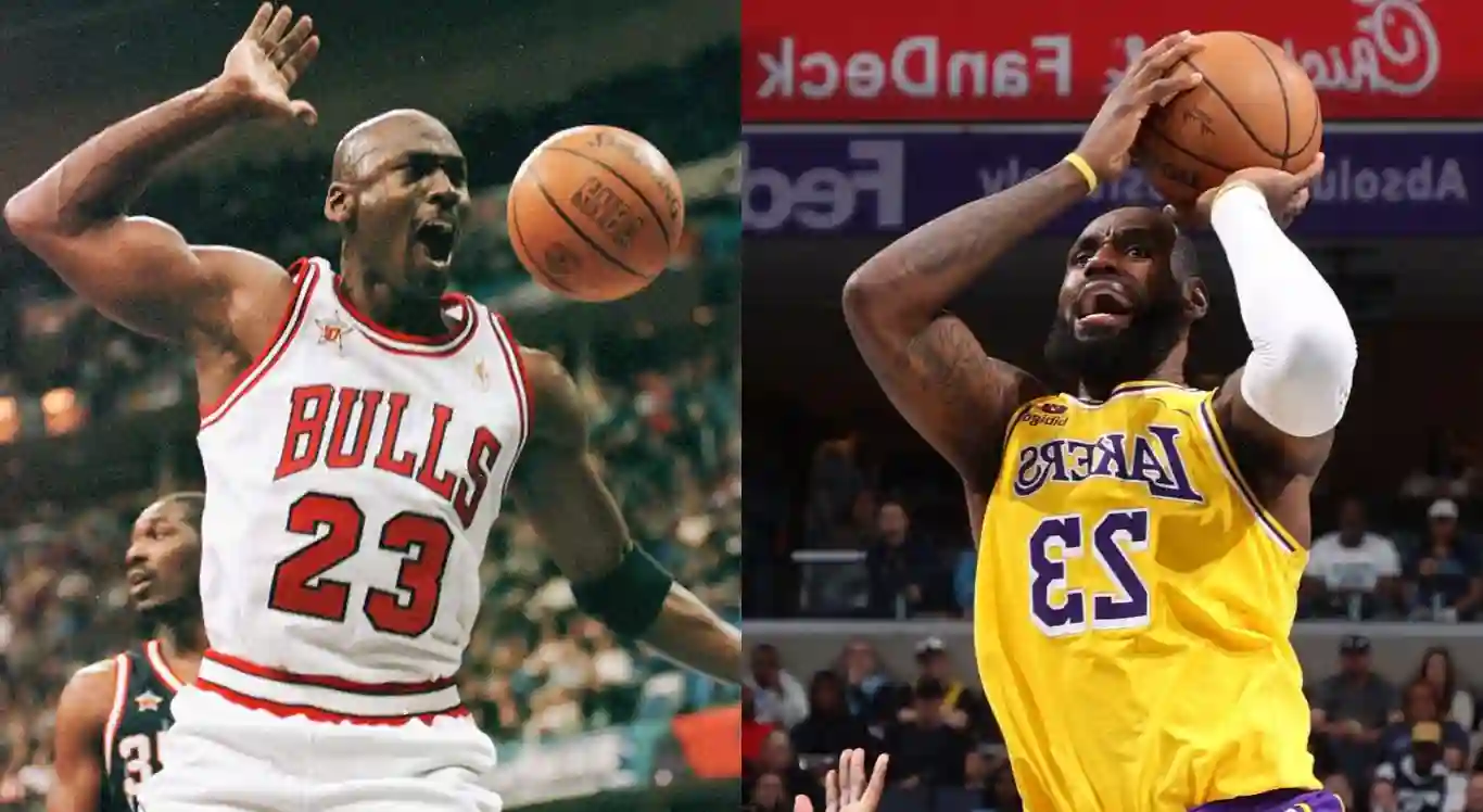 Imagem de Michael Jordan (Chicago Bulls) e LeBron James (Los Angeles Lakers), jogadores da NBA