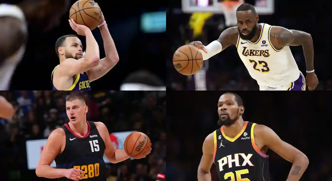 Imagens de jogadores da NBA: Stephen Curry (Warriors), LeBron James (Lakers), Nikola Jokic (Nuggets) e Kevin Durant (Suns)