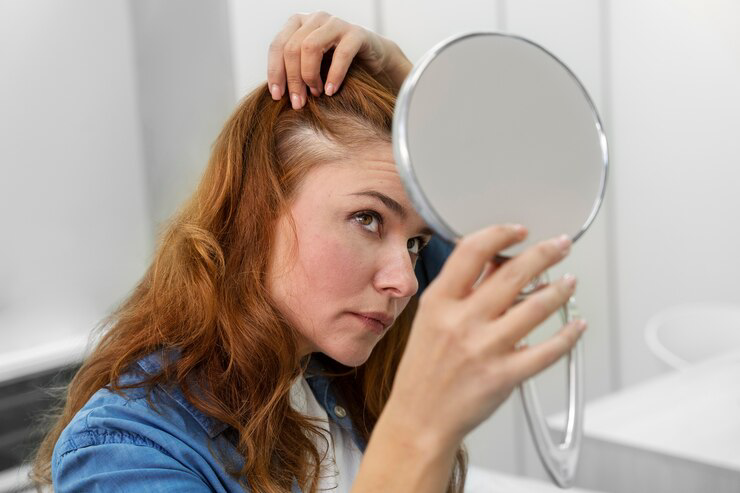 Imagem de mulher conferindo o cabelo no espelho 