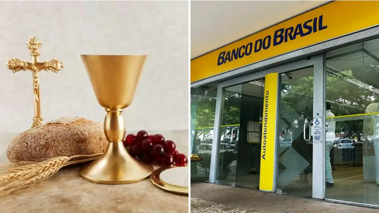 Montagem de agência do Banco do Brasil e cálice representando o Dia de Corpus Christi