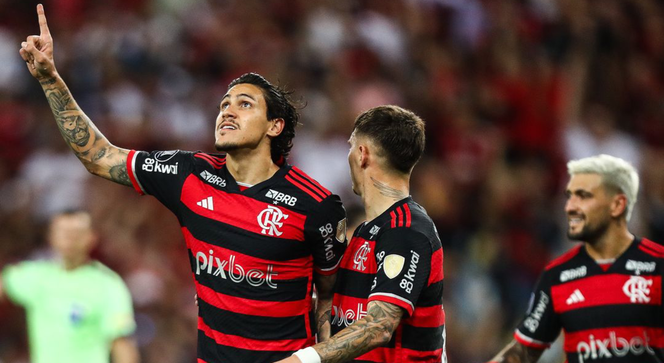 Pedro, atleta do Flamengo, celebrando gol na temporada