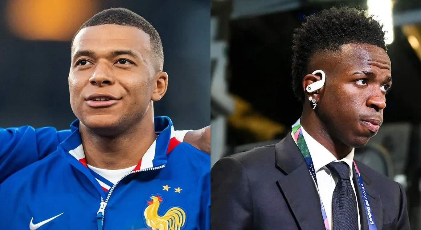 Imagens de Mbappé (E) e Vinicius Júnior (D)