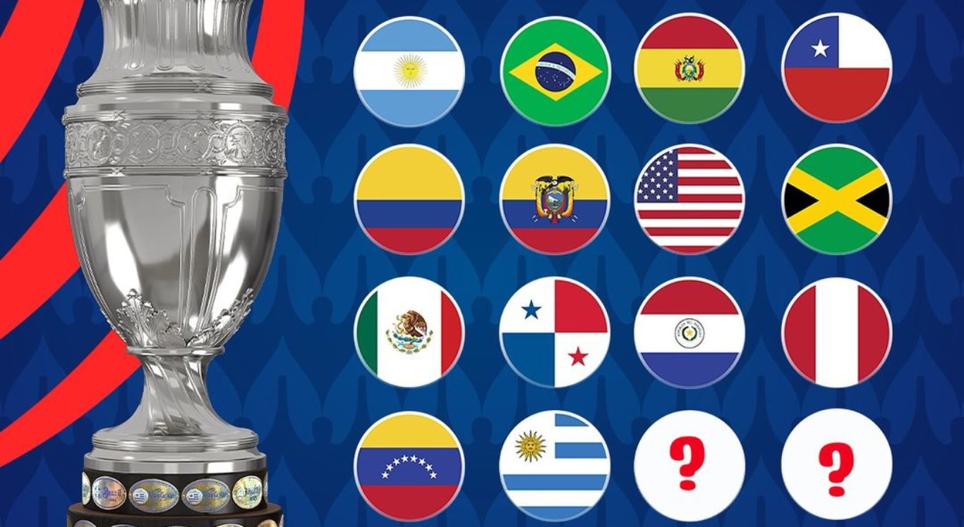 Imagem da taça da Copa América 2024 e os escudos das seleções