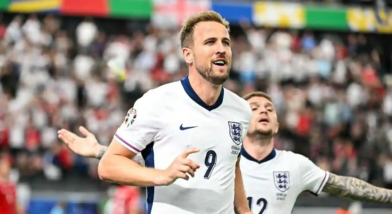 Imagem de Harry Kane em ação pela seleção da Inglaterra na Eurocopa 2024