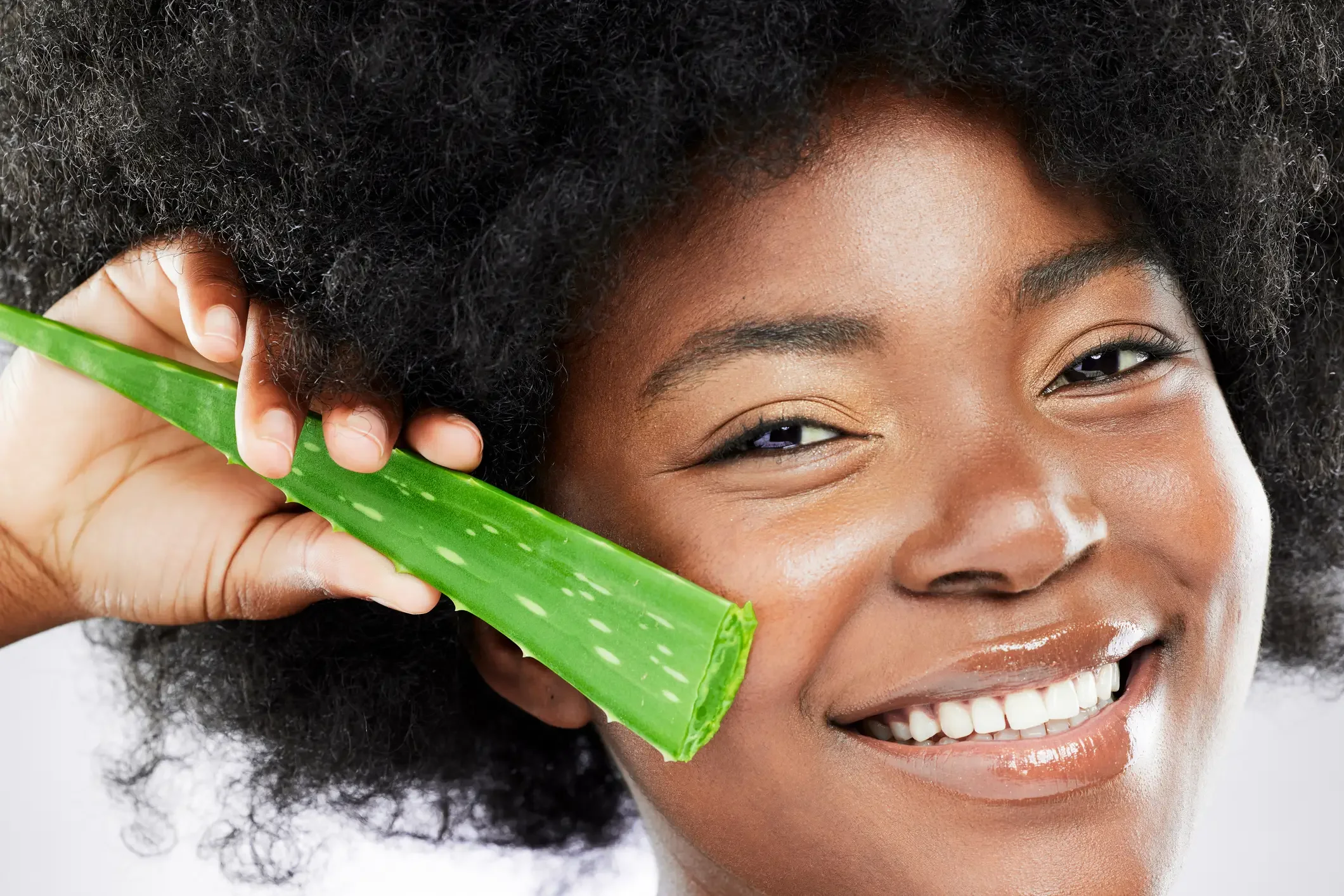 Imagem ilustrativa de mulher com uma planta aloe no rosto 