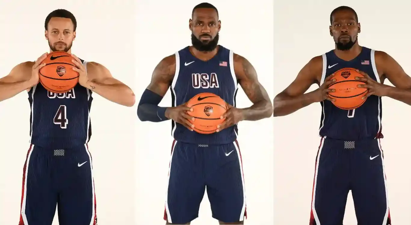 Imagem de Stephen Curry, LeBron James e Kevin Durant para a seleção americana de basquete