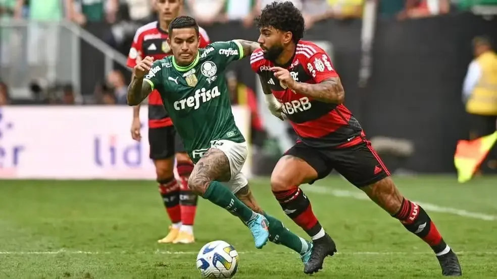 Imagem ilustra Gabigol e Dudu em campo