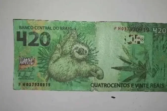 Nota falsa de R$ 420, com bicho-preguiça e folha da maconha estampados em seu papel