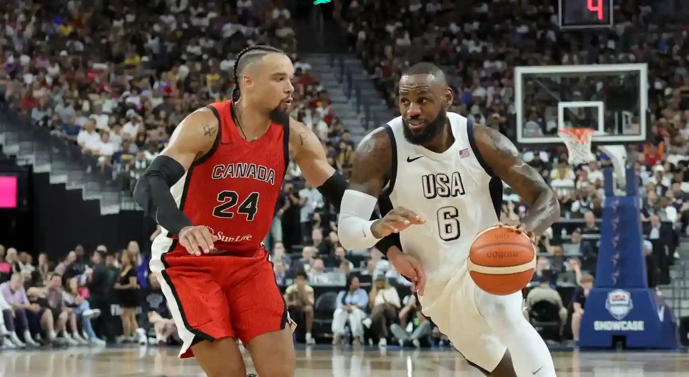 Imagem de Dillon Brooks e LeBron James em partida Canadá x Estados Unidos