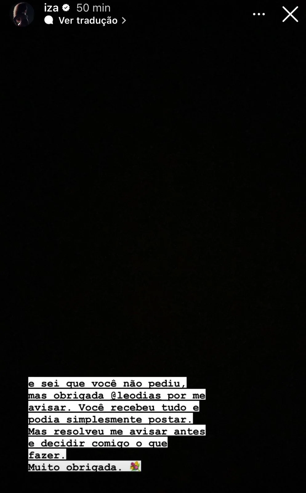 Imagem da cantora Iza agradecendo Leo Dias Reprodução/Instagram