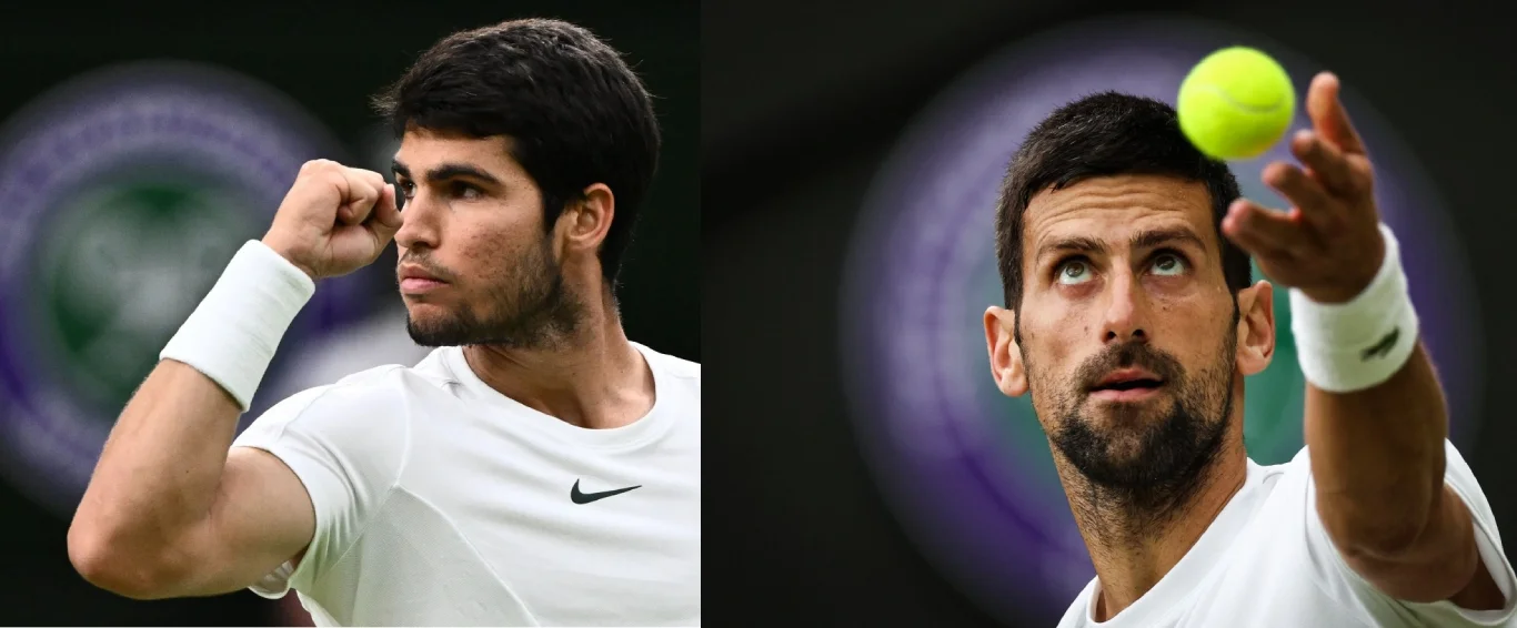 Imagem de Carlos Alcaraz e Novak Djokovic, finalistas em Wimbledon 2023 e 2024