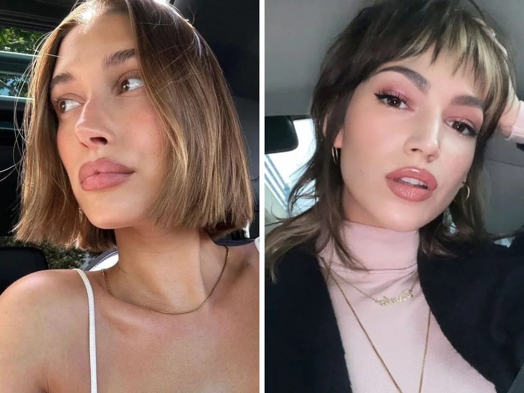 Hailey Bieber com o corte de cabelo Micro Bob, e Ursula Corbero com o Mixie.