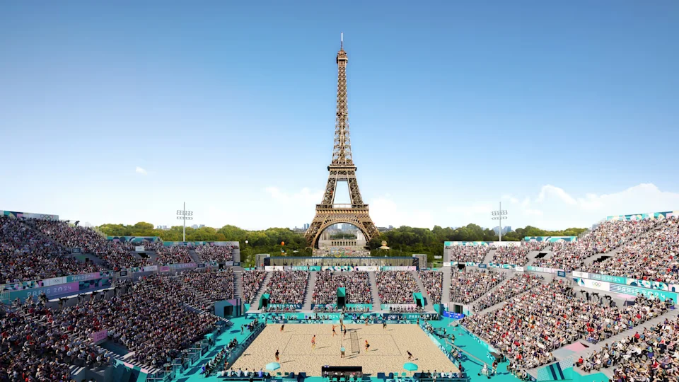 Imagem da quadra de vôlei de praia em frente à Torre Eiffel