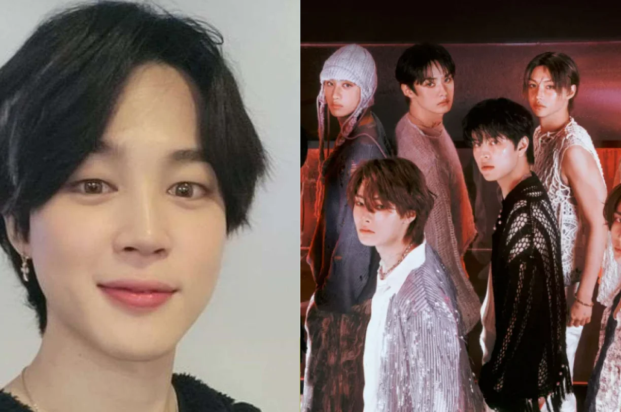 Montagem com duas fotos, na esquerda está Jimin (BTS) e na direita uma parte do grupo Stray Kids