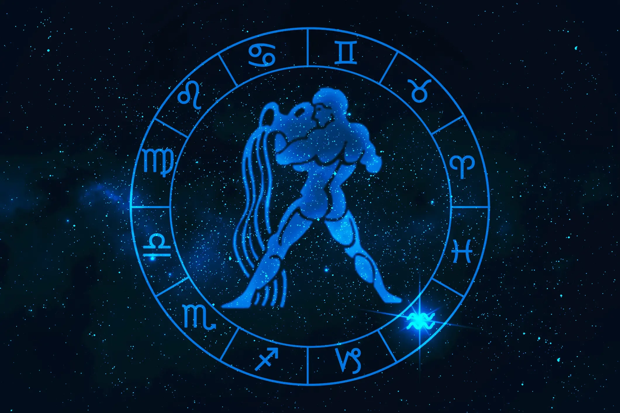 Imagem ilustrativa de signo do horóscopo aquário em doze zodíacos com estrelas