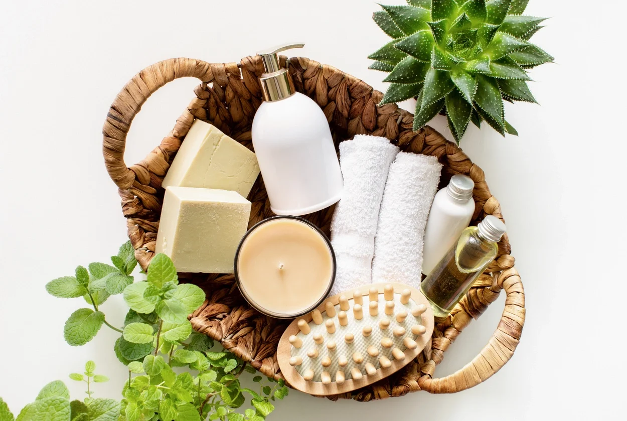 Cesta de spa com produtos naturais de cuidados com a pele