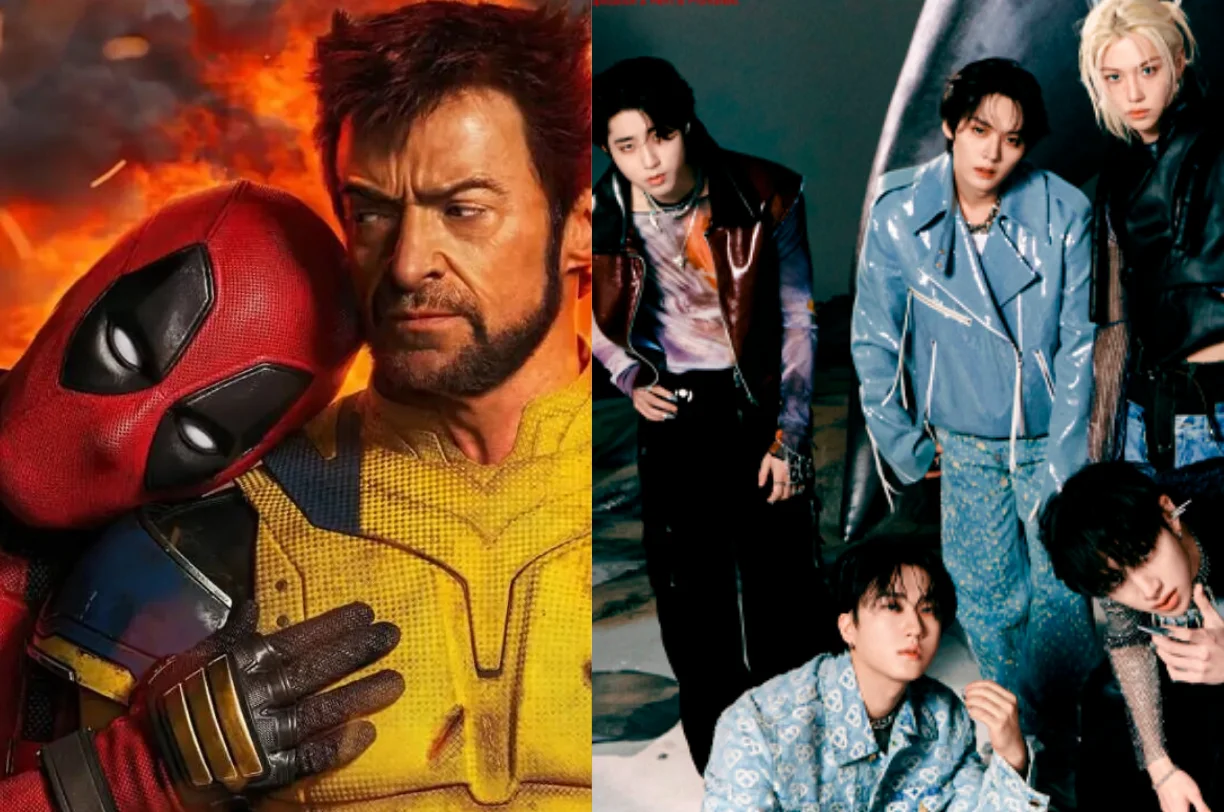 Montagem com poster do filme de "Deadpool & Wolverine" e o grupo de K-pop Stray Kids