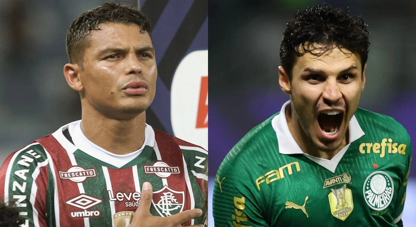 Imagem do zagueiro Thiago Silva (E) e do meia Raphael Veiga (D)