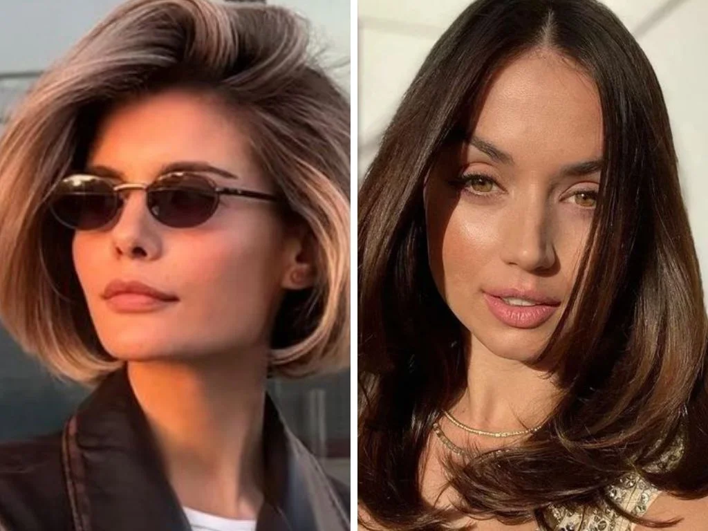 Kristina Khoronzhuk, influenciadora digital, exibe os fios no corte Mushroom Bob. Já a atriz Ana de Armas, elegeu o modelo Curve Cut.
