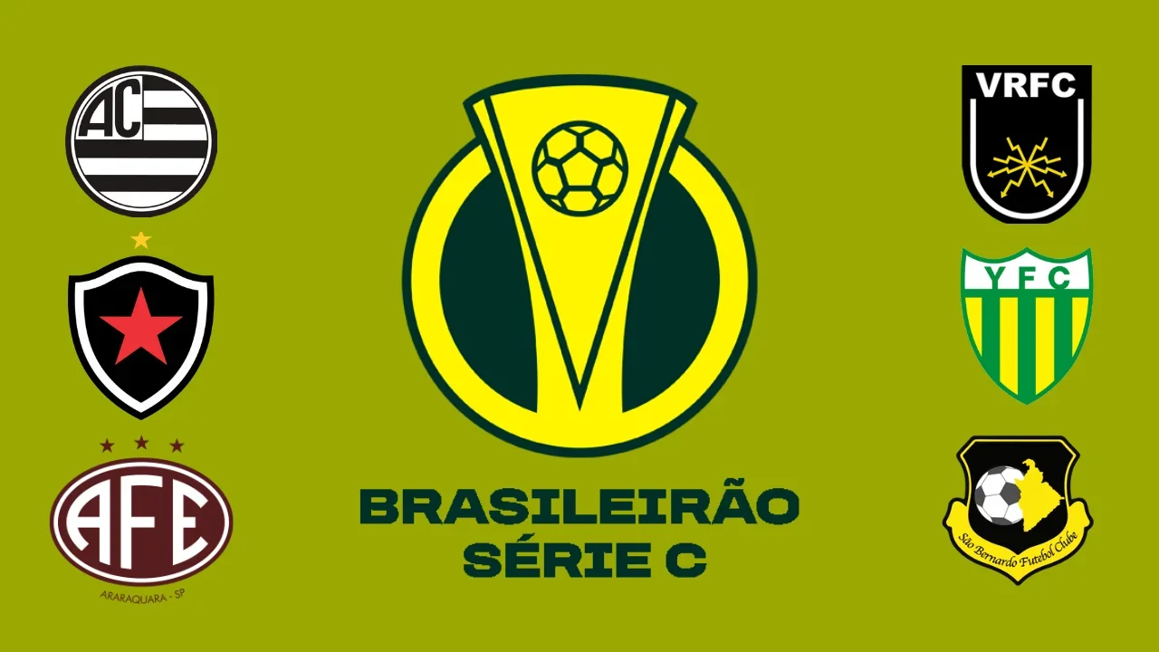 Imagem do emblema da Série C 2024 e dos primeiros seis classificados para a 2ª fase