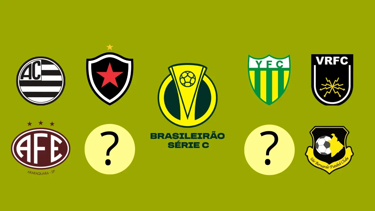 Imagem do emblema da Série C 2024 e dos seis clubes classificados
