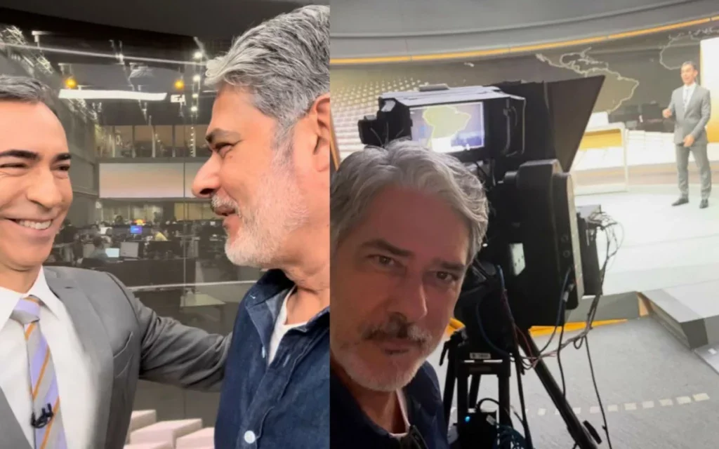 William Bonner faz visita inusitada a César Tralli nos bastidores do Jornal Hoje
