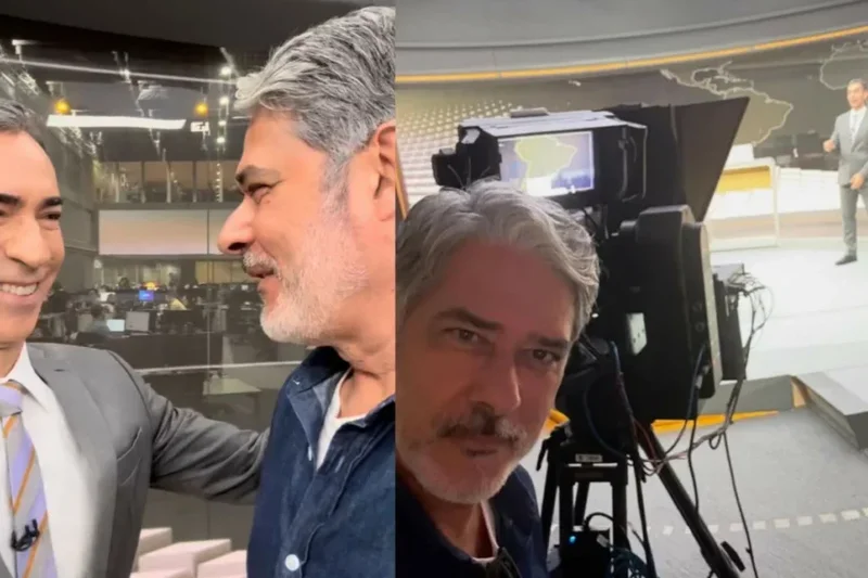 William Bonner faz visita inusitada a César Tralli nos bastidores do Jornal Hoje
