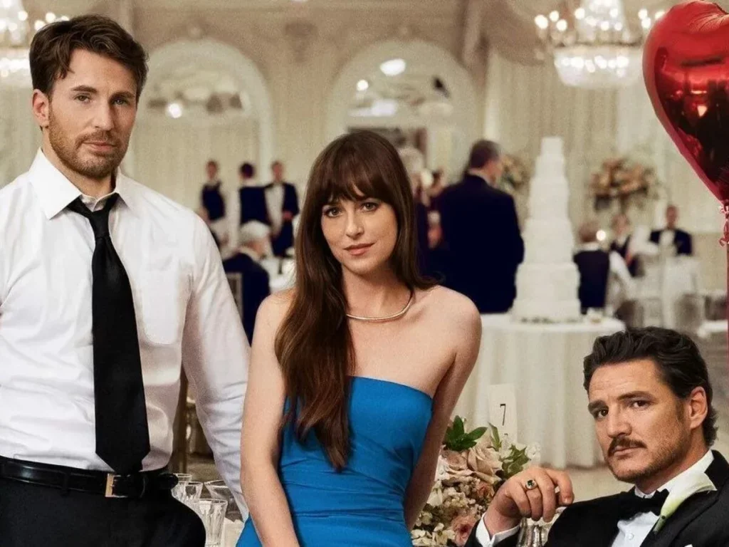 Triângulo amoroso contemporâneo com Dakota Johnson, Chris Evans e Pedro Pascal no Prime Video